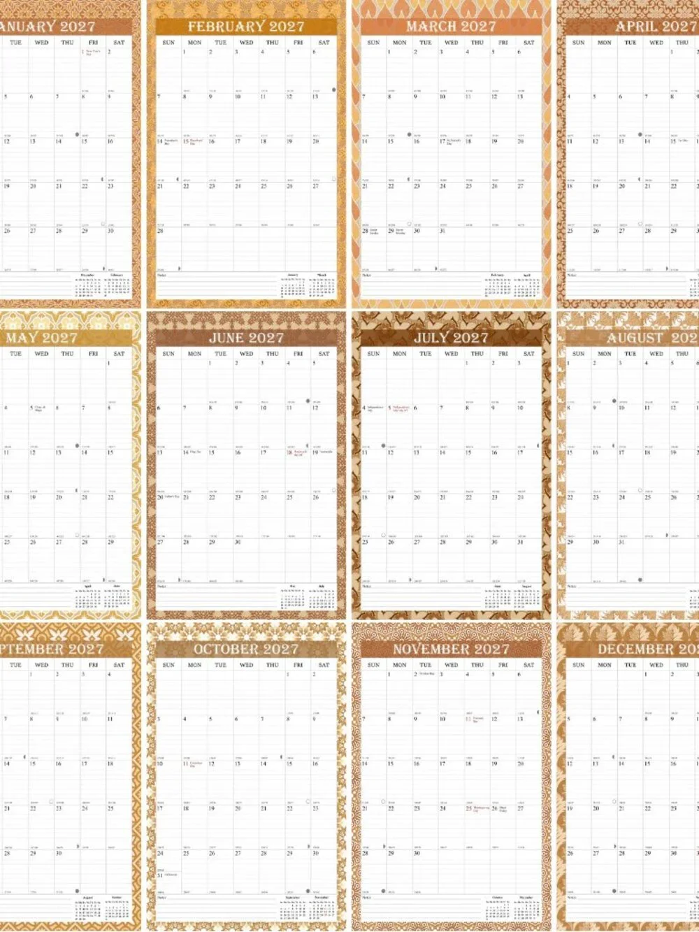 2027 Wall Calendar Spiral-bound Twin-Wire Binding - 12 Months 8.5